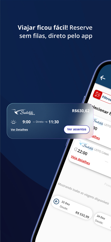 Satelite Norte - Satelite Norte mobile app screen showing bus route options and seat selection for travel in Brazil.
