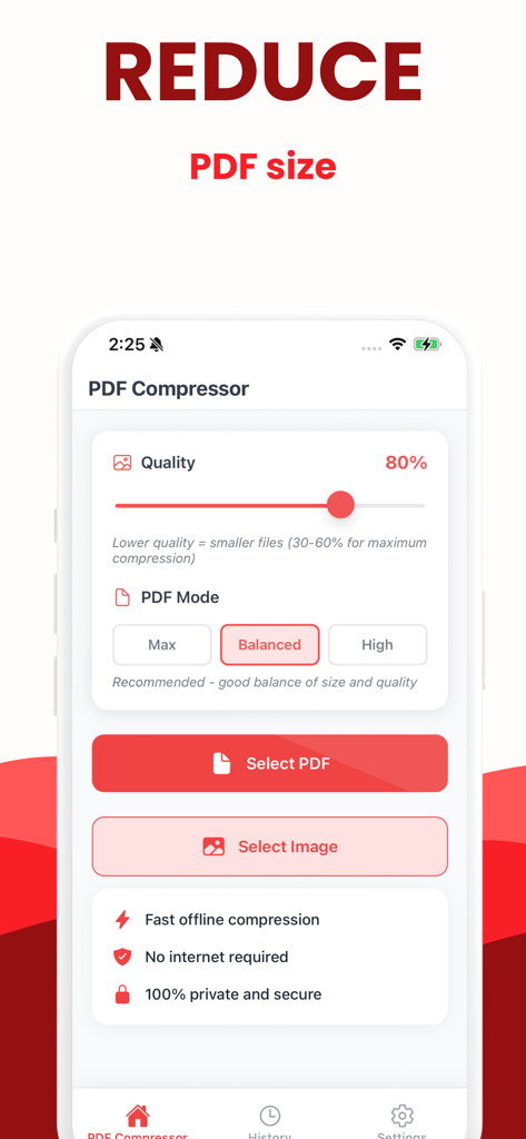 PDF Compressor • Compress PDF - PDF圧縮のモバイルアプリ画面、品質調整スライダーと、サイズ削減のためにPDFまたは画像ファイルを選択するオプションが表示されている