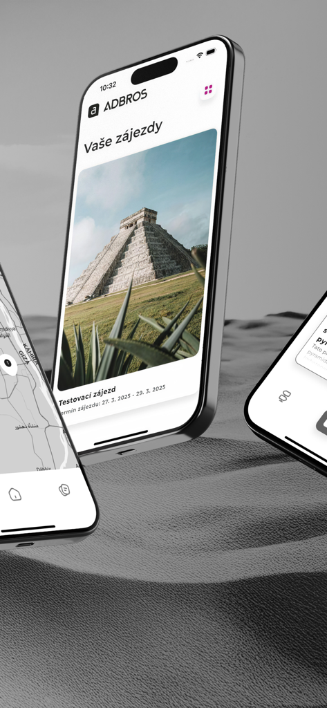 TravelApp - iPhone screen showing TravelApp trip itinerary with a photo of a pyramid and travel dates.