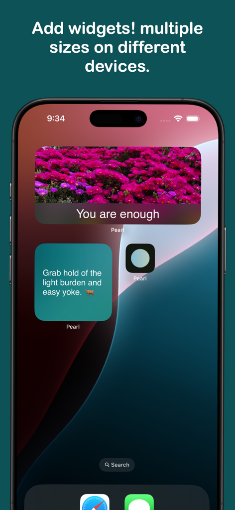 Pearl: Meaningful Reminders - iPhone home screen displaying various sizes of Pearl app widgets with inspirational reminders and floral imagery