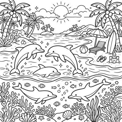 Immerse yourself in a joyful summer scene featuring playful dolphins both above and below the ocean waves. This detailed coloring page combines sunny beach fun with captivating marine life for an enchanting artistic escape.