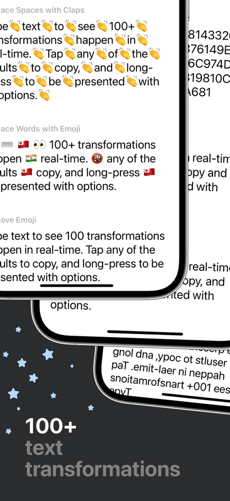 Textcraft app interface showing different text transformation formats on iPhone.