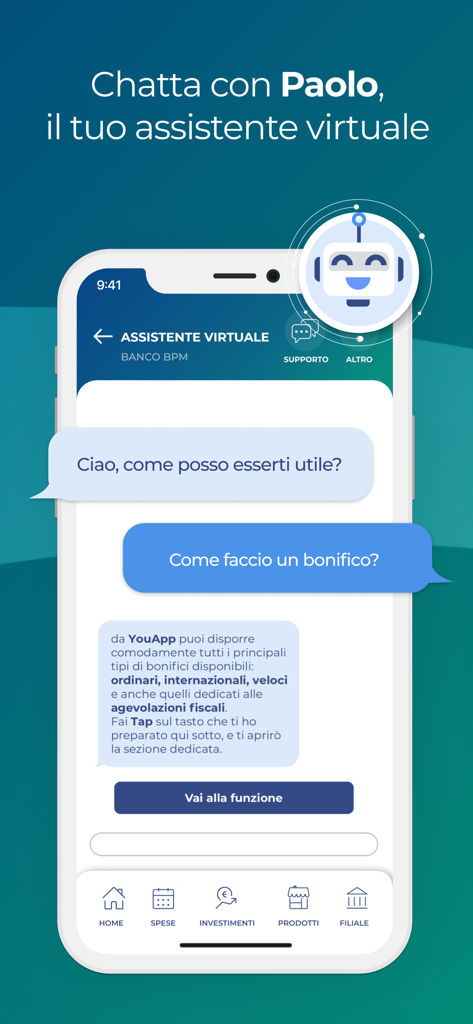 YouApp - Banco BPM - Interface de chat de l'assistant virtuel Paolo dans l'application Banco BPM YouApp pour l'assistance bancaire