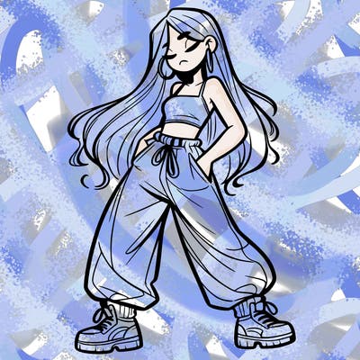 girl in baggy pants crop top and long hair