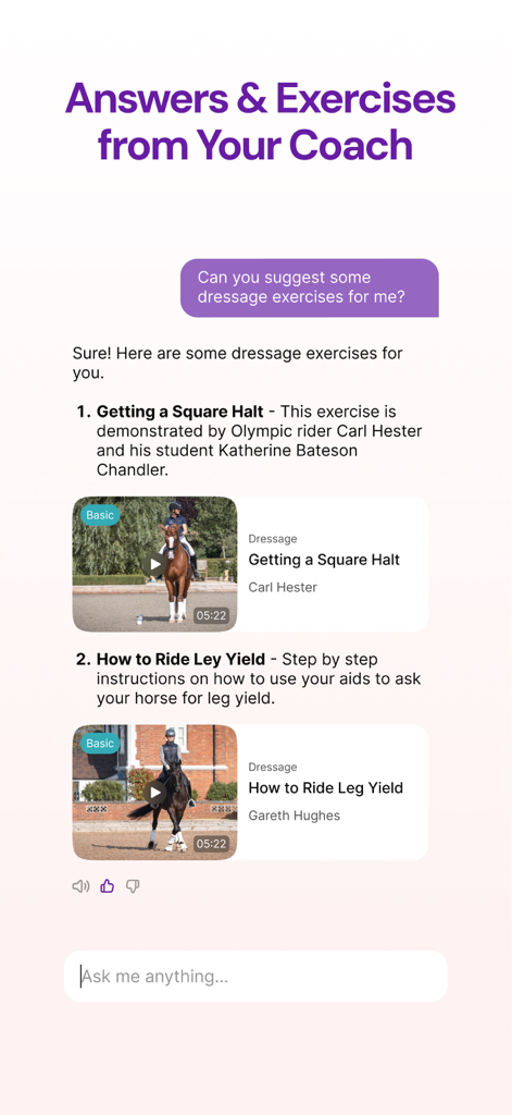 A chat screen in the Ridely app showing the AI assistant Ridi suggesting dressage exercises and training videos
