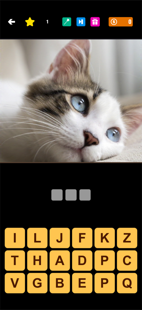Captura de pantalla de un juego de adivinar fotos con la imagen de un gatito y letras para resolver el nivel