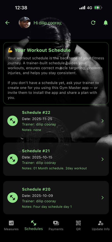 A list of trainer-built workout schedules displayed in the Gym Master app interface.