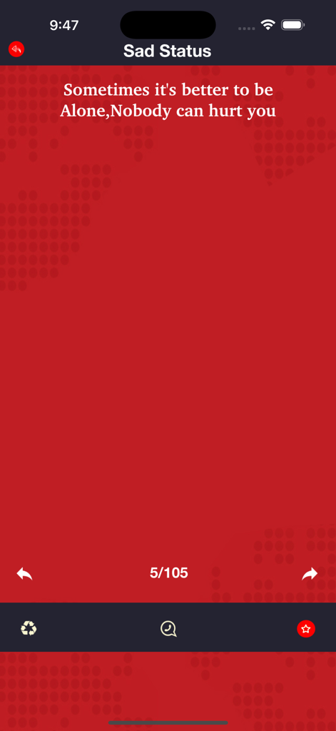 Love Status - Romantic Quotes - Mobile app interface showing a sad status quote about being alone on a red background