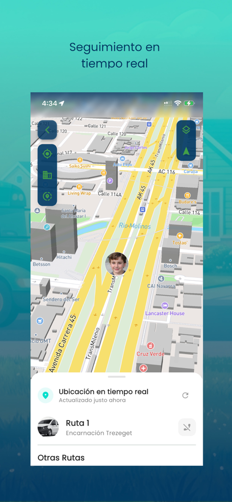 Real time GPS tracking of a school bus route on a city map in the DigiRutas Family app
