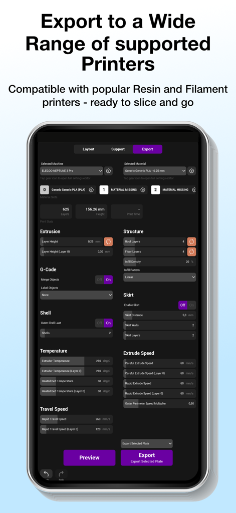 Pikaslice - Interface showing detailed 3D printer export and material settings in the Pikaslice app