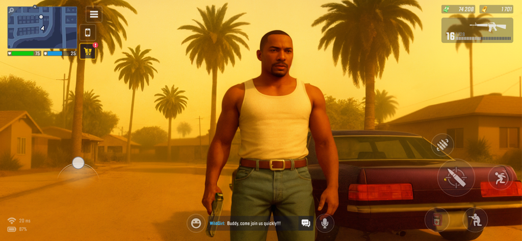 Un personaje masculino sosteniendo un arma de pie frente a un coche en una calle de la ciudad en Grand Hustle RP.