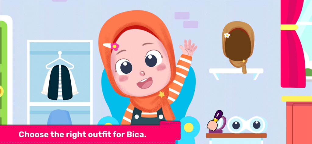 Kabi Learns Qur’an - Interactive dress up mini game screen featuring the character Bica from Kabi Learns Quran