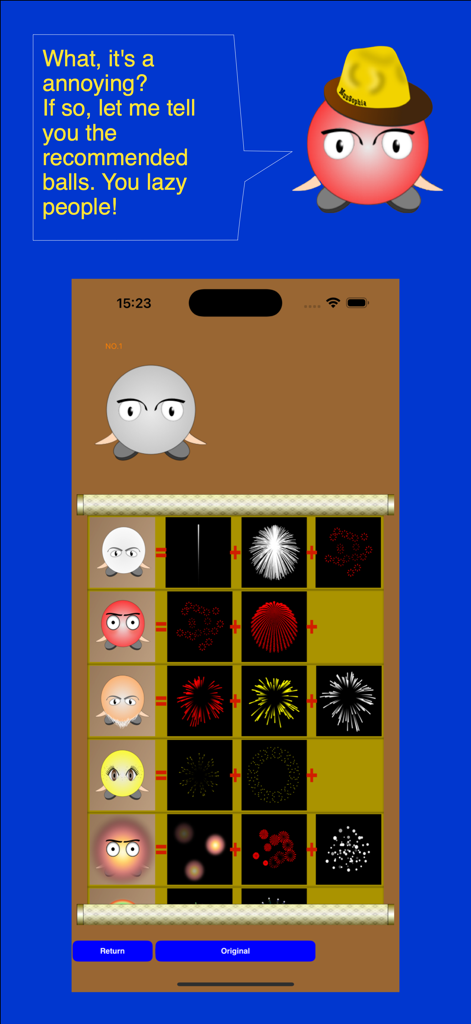Let's start fireworks festival - A menu screen displaying recommended firework combinations with character icons and visual effect components