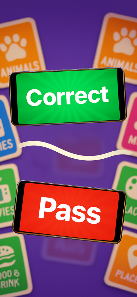 Charades: Headbands Party Game - Screenshot of the Charades Headbands app showing the green Correct screen and red Pass screen over various game category cards like Animals and Movies.