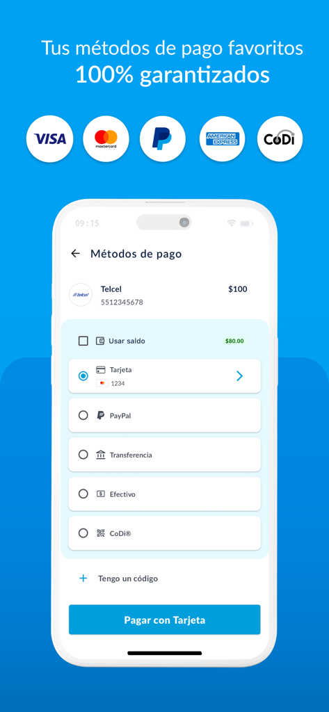 UnDosTres - Recargas y Pagos - Telcelチャージのために、Visa、Mastercard、PayPalなどのさまざまな支払い方法を示すUnDosTresのモバイルアプリ画面