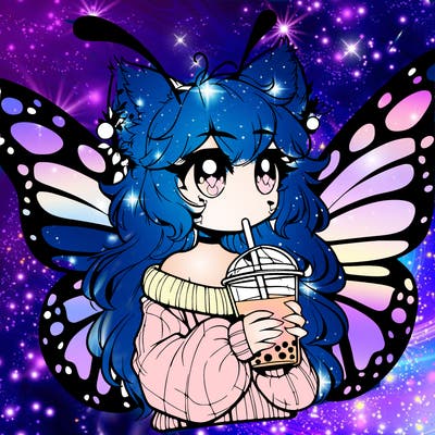 a realistic butterfly/furry girl drinking boba