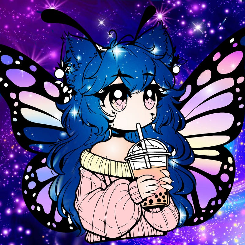 a realistic butterfly/furry girl drinking boba