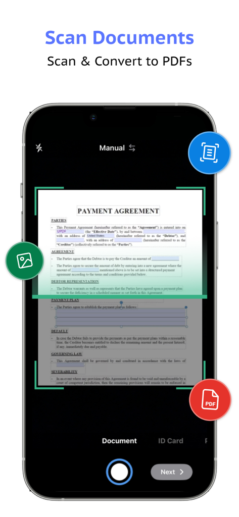 A smartphone screen using the Sign Docs app to scan a payment agreement and convert it into a digital PDF document