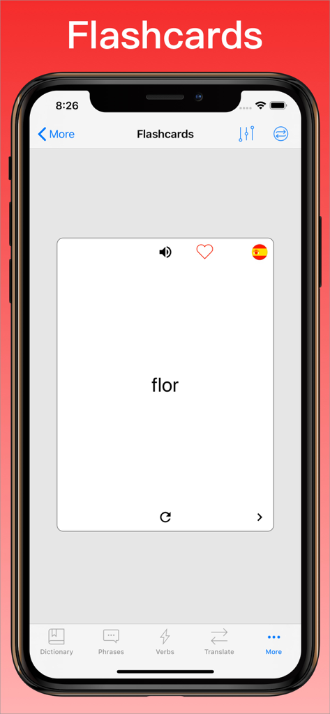 Spanish Translator + © - Flashcard interface in Spanish Translator app showing the word flor.