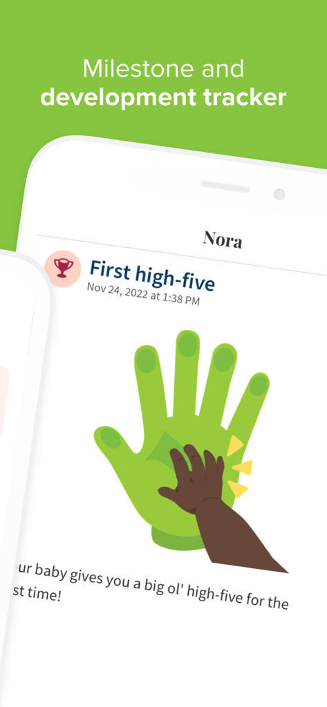 A screenshot of the Ovia Parenting app showing a milestone tracker with an illustration of a baby giving a first high-five.