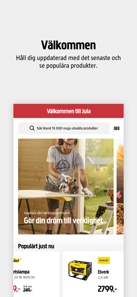 Jula - Ecrã de boas-vindas da app Jula com uma barra de pesquisa de produtos e ferramentas populares de bricolagem.