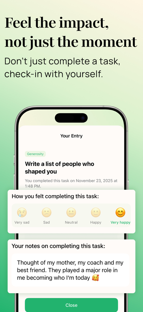 noorish: reconnect with life - A screenshot of the noorish app showing a completed mindful task with a mood check-in and personal reflection notes.