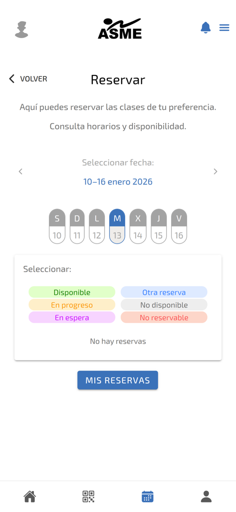 ASME - Pantalla de reserva de clases de la aplicación ASME con un horario semanal y una leyenda del estado de disponibilidad de clases