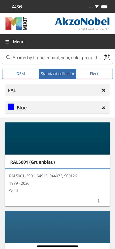 Mobile interface of AkzoNobel MIXIT showing search results for a blue RAL color formula.