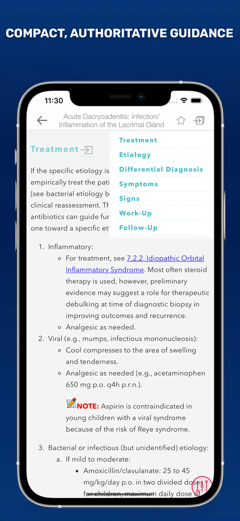 The Wills Eye Manual app displaying clinical treatment protocols and navigation menu for acute dacryoadenitis on a smartphone screen.