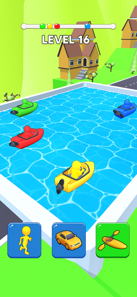 Nivel 16 de Shape Sifting mostrando barcos coloridos en una carrera acuática.