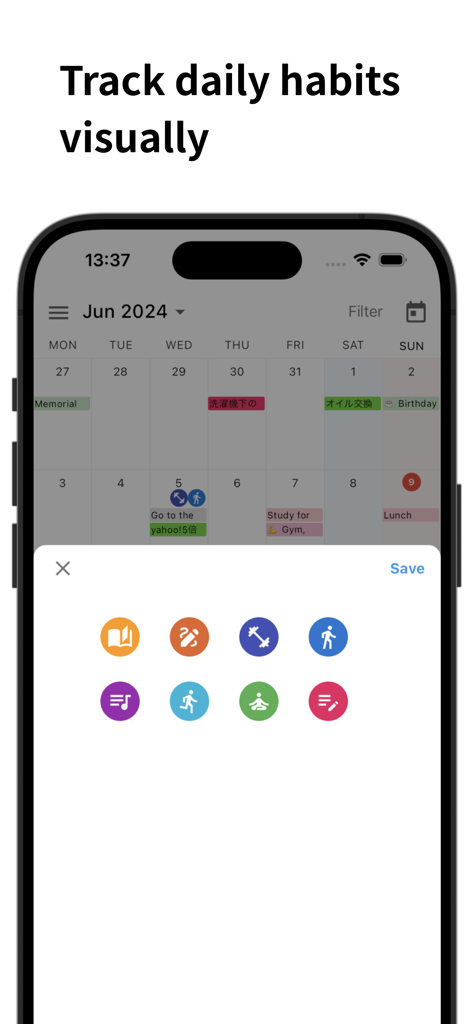 Sync Notion - Interfaz móvil de Sync Notion mostrando un calendario mensual con una ventana emergente de íconos coloridos de hábitos para rastrear actividades diarias.