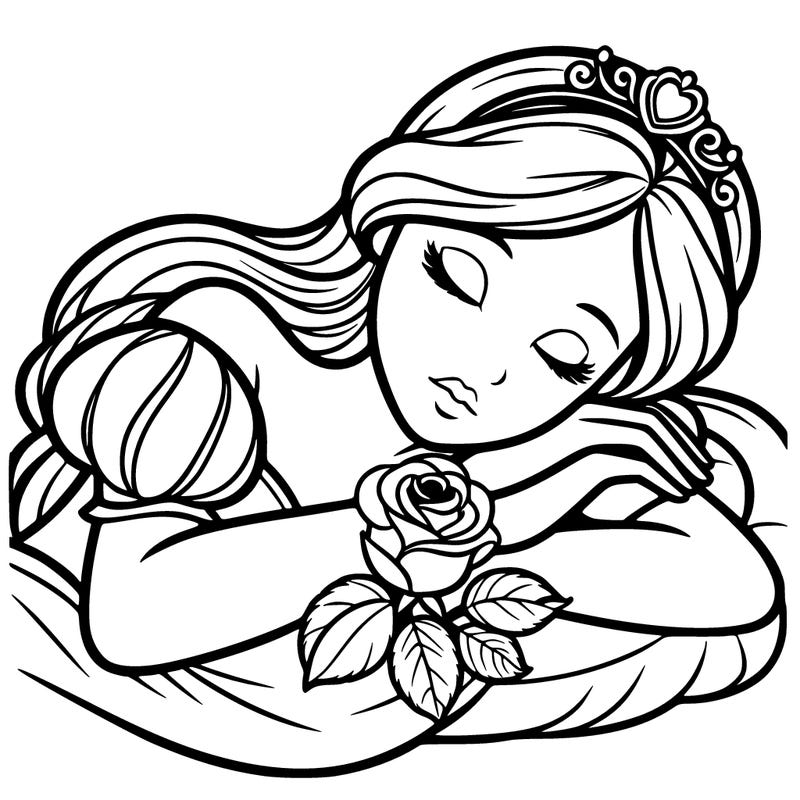 a fairytale princess sleeping with her hands crossed on her chest and a rose on her chest realistic