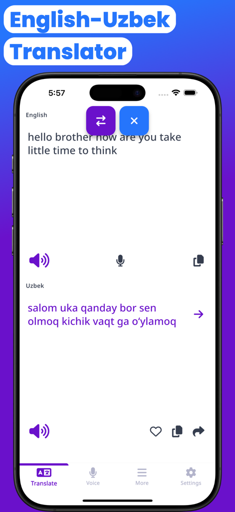 Mobile app interface showing English to Uzbek text translation with voice and share features