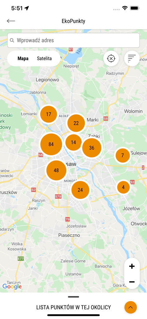 Warszawa 19115 - 바르샤바 전역에 재활용 에코 포인트의 주황색 클러스터를 보여주는 바르샤바 19115 앱의 지도 인터페이스