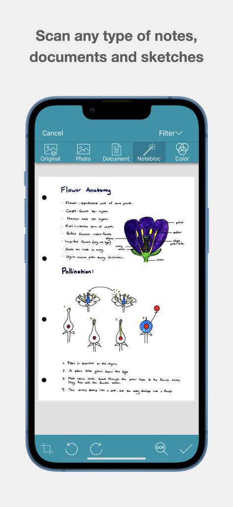Notebloc Scanner - Scan to PDF - Interface of Notebloc Scanner app with a scanned document of biology notes and flower anatomy sketches