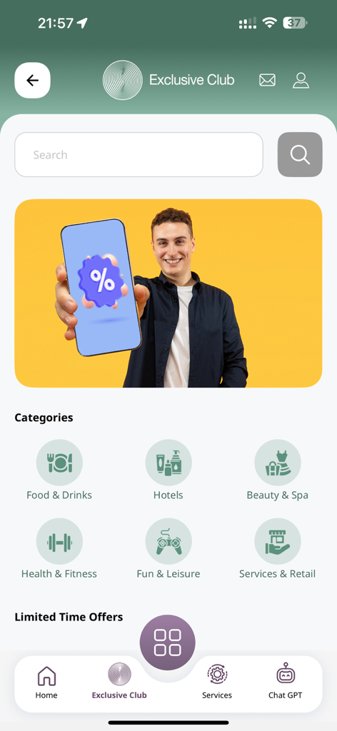 QFC Client - Screenshot of the QFC Client app Exclusive Club section showing discount categories for food, hotels, and health services.