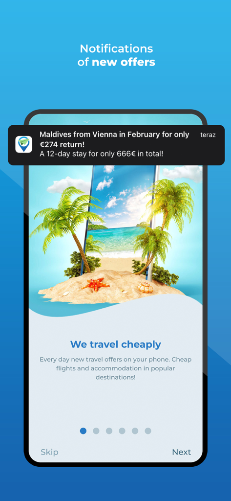 We travel cheaply - Una notifica dell'app mobile che mostra un'offerta di volo economico per le Maldive