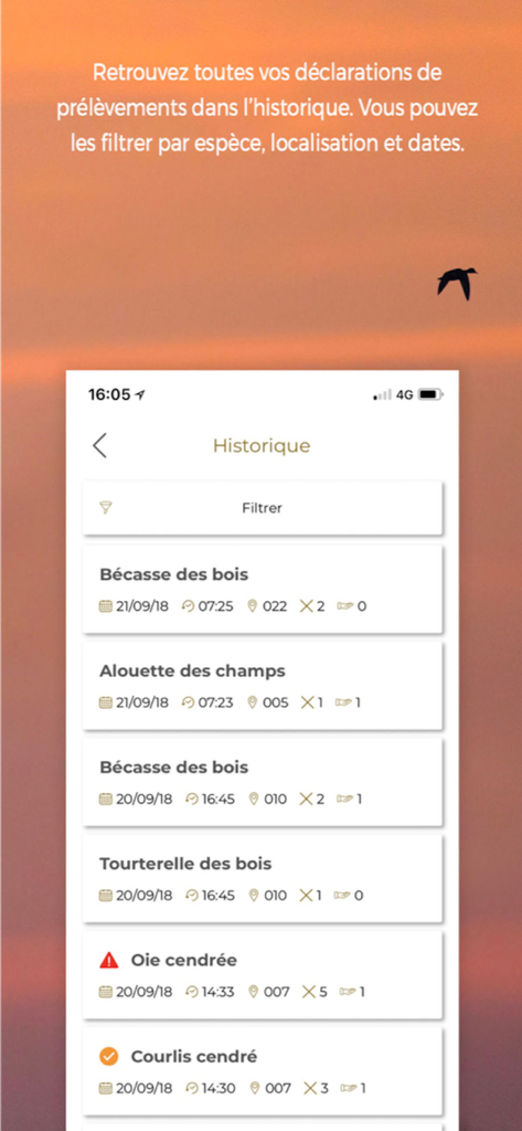 History screen of the ChassAdapt app showing a digital log of hunting harvests by species and date