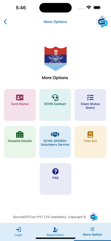 Menu screen of ECHS Beneficiary app showing service options like card status and hospital details