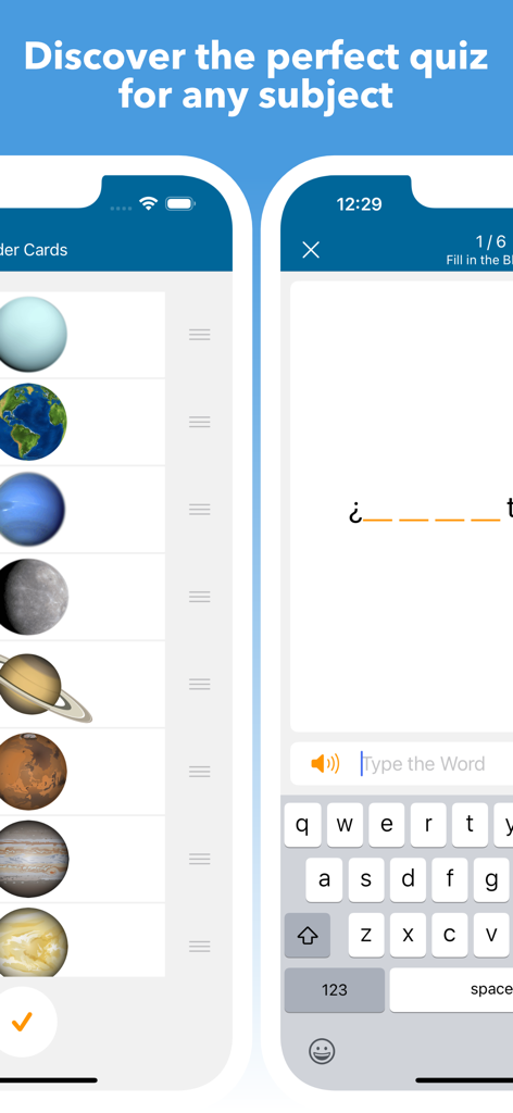 Mighty Flashcards interface showing a list of planet cards and a fill-in-the-blank quiz mode.