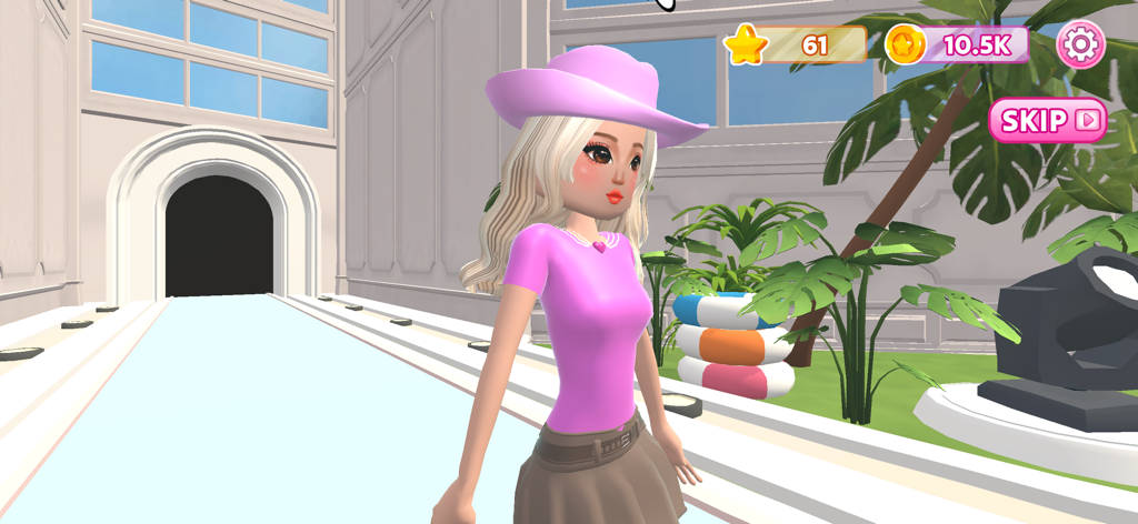 Dress Up Fashion Star - Un avatar de niña 3D vistiendo un atuendo rosa y sombrero en una pasarela