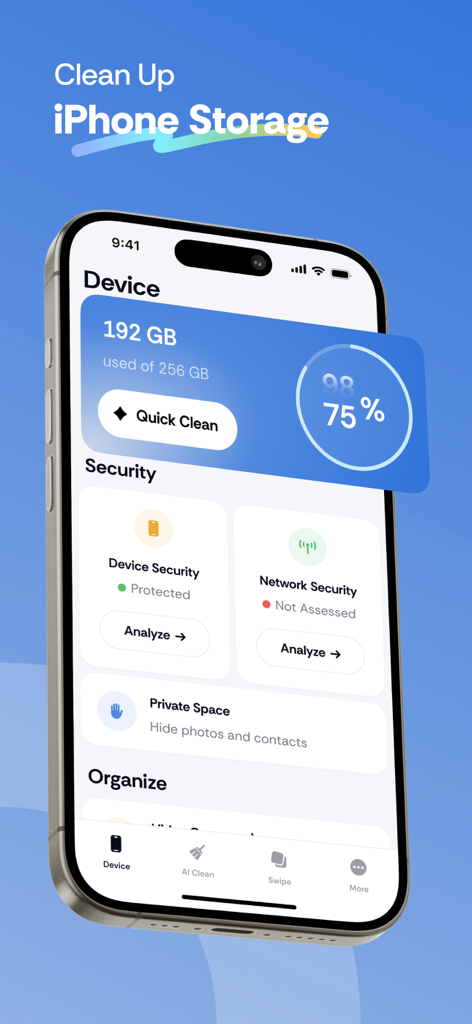 Expert Cleaner - Clean Storage - Expert Cleaner app dashboard showing iPhone storage usage and security features