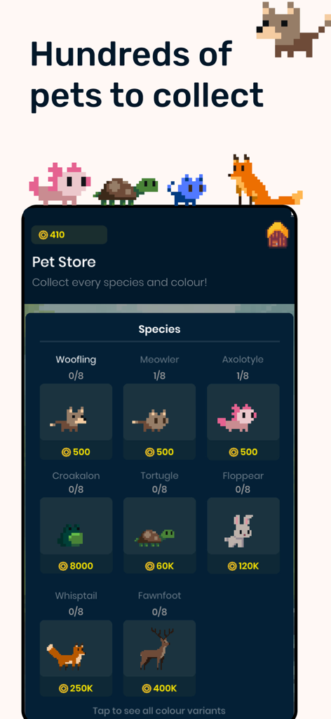 Focus Hero: Achieve your Goals - Focus Hero app Pet Store interface featuring various pixel art animals for collection