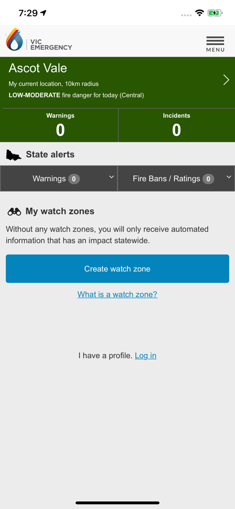 VicEmergency app home screen showing emergency alerts and watch zone settings for Ascot Vale