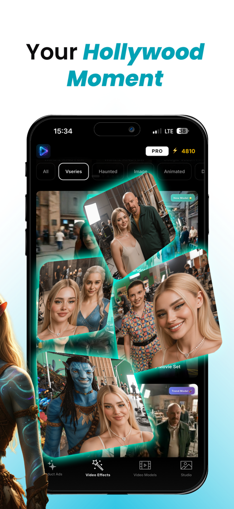 AI Effect Creator - VideoMagic - AI VideoMagic app interface showing cinematic Hollywood style photo to video effects with famous movie characters