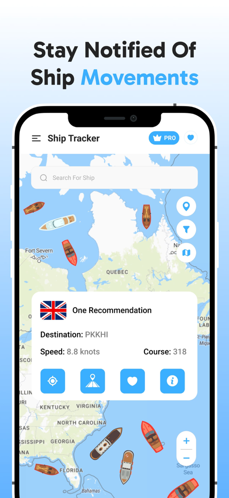 Vessel Tracker : Marine Raddar - Mobile app interface of Vessel Tracker showing real time ship positions on a coastal map with detailed vessel information for a ship named One Recommendation.