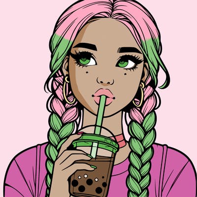 realistic girl with braided hair drinking boba