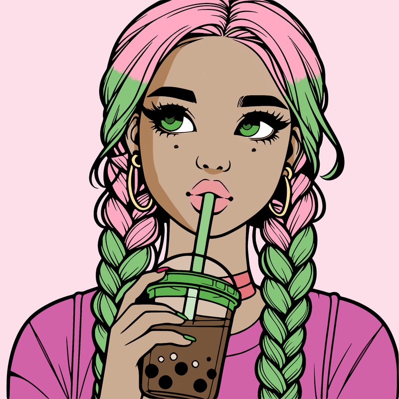 realistic girl with braided hair drinking boba