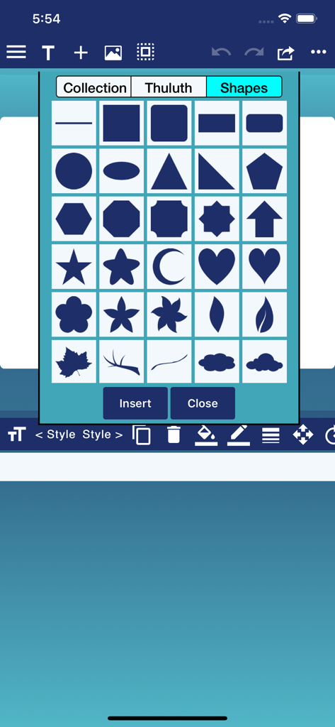 CalliPro محترف الخط - CalliPro app interface showing a menu of geometric and decorative shapes for calligraphy design