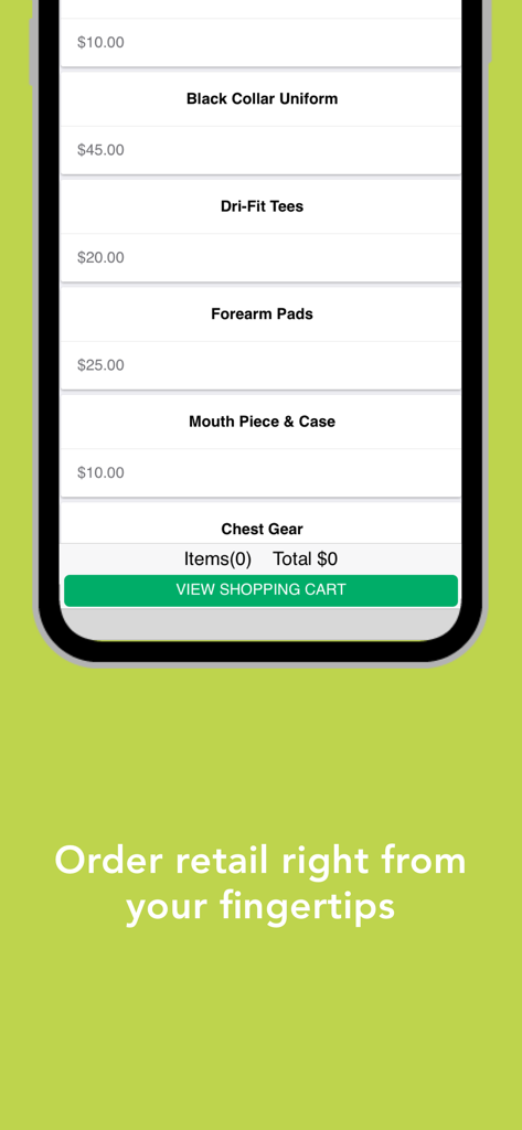 Interfaz de la app MyStudio mostrando artículos de venta minorista de artes marciales